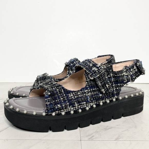 New! Stuart Weitzman Zoe Lift Embellished Tweed Sandal 8 1/2 B - Picture 1 of 14